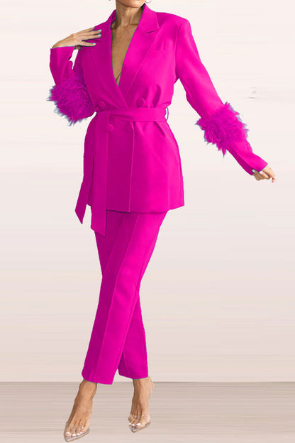 storexq Solid Color Feather Trim Elegant Belted Pant Suit