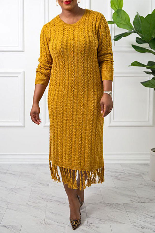 namcoverse Solid Color Twist Knit Laid Back Tassel Midi Dress