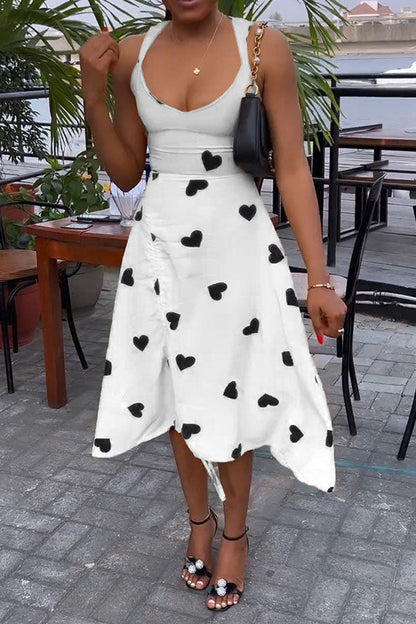 namcoverse Heart Print Sweet Tie Back Drawstring Midi Dress