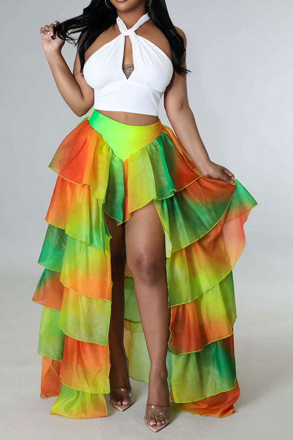 storexq Gradient Elegant Tiered Ruffle High Low Skirt