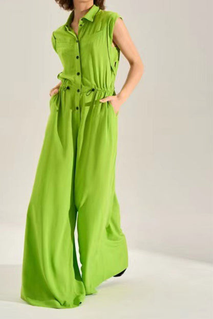 storexq Solid Color Commuting Drawstring Wide Leg Jumpsuit