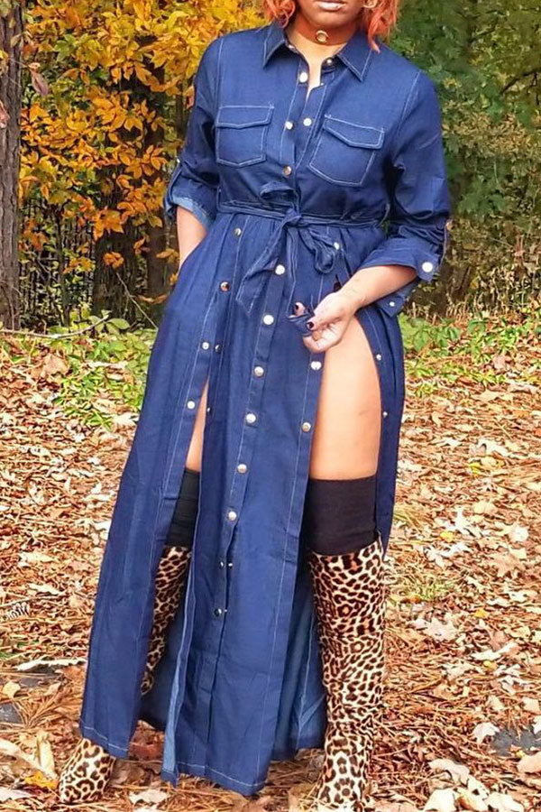 storexq Solid Color Classic Belted Single Breasted Denim Maxi Dress