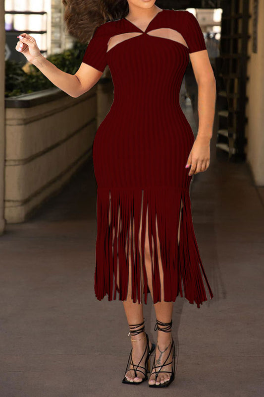 storexq Solid Color Cutout Chic Tassels Midi Dress