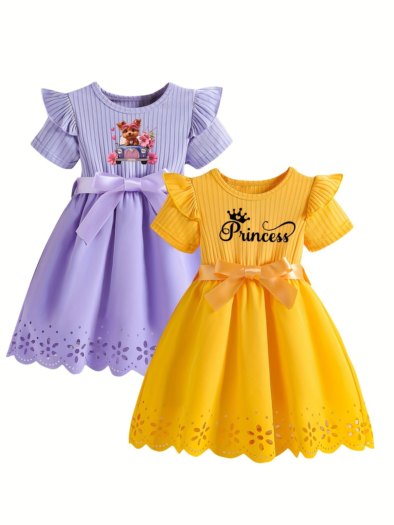 2-Pack Adorable Girls Cartoon Print Dresses - Short Sleeve, Princess Lettering, Butterfly Bow Belt, Hollow-Out Design, Round Neck, Casual Style, Slight Stretch, Polyester Fabric, Alphabets Pattern, Perfect for Summer