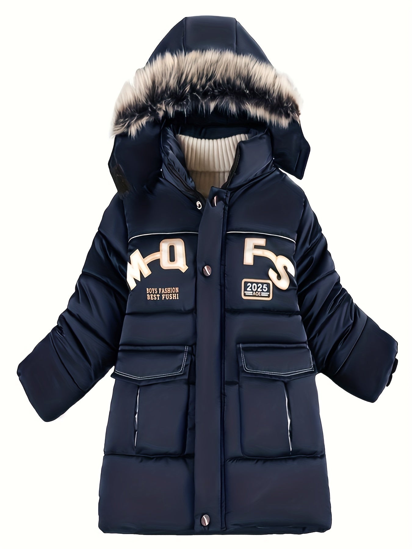 Boys Winter Hooded Long Coat With Fur Collar, Light Warm Jacket Cute Hooded Outerwear