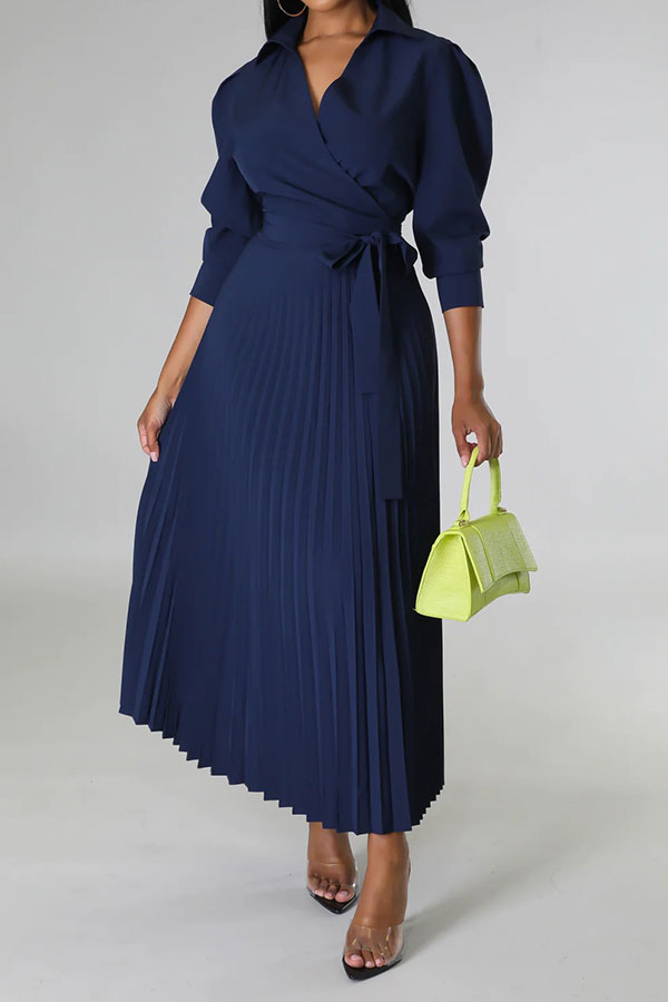 storexq Solid Color Commuting Belted Pleated Midi Dress