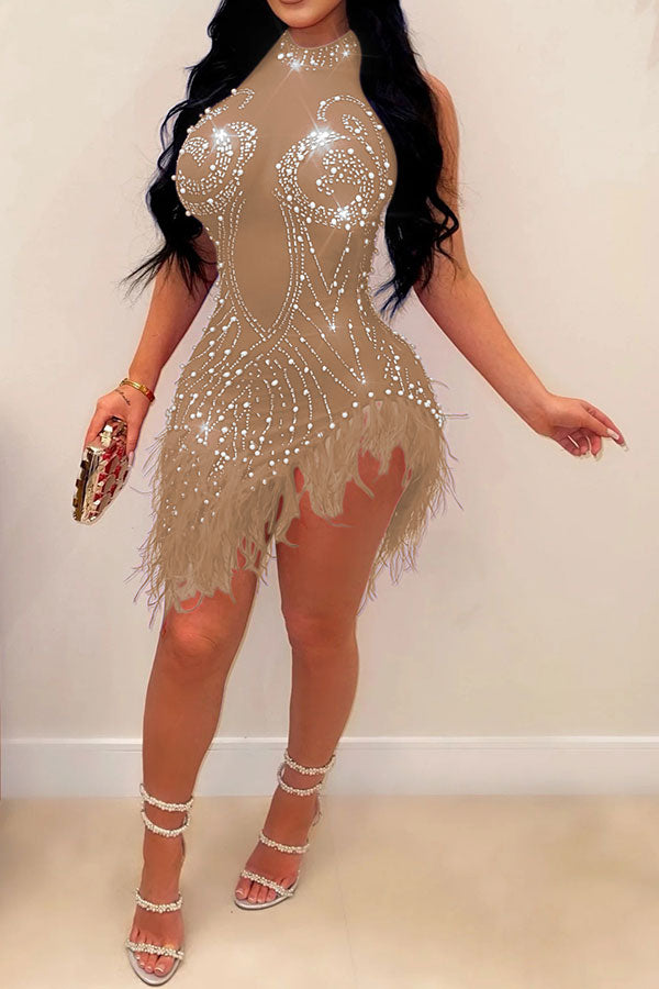 storexq Rhinestone Party See-Through Irregular Feather Hem Mini Dress