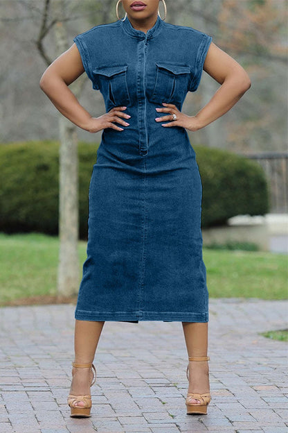 storexq Solid Color Casual Patch Pocket Denim Midi Dress