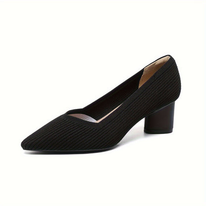 Chic Womens Knit Slip-On Pumps - Soft Chunky Heels, Pointed Toe, Breathable Comfort - Ideal for Work & Casual Style