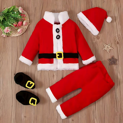 Adorable 4pcs Santa Claus Costume Set for Youngsters - Red Polyester Outfit with Lapel Jacket, Pants, Hat & Shoe Covers - Perfect for Christmas Parties