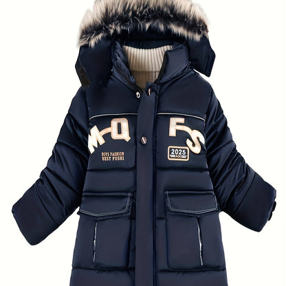 Boys Winter Hooded Long Coat With Fur Collar, Light Warm Jacket Cute Hooded Outerwear