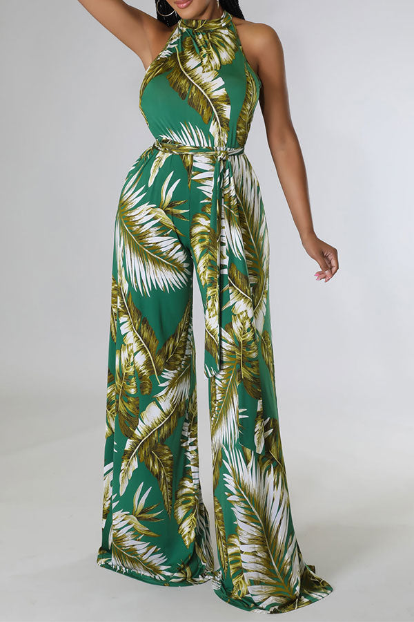 storexq Leaf Print Elegant Belted Wide Leg Jumpsuit