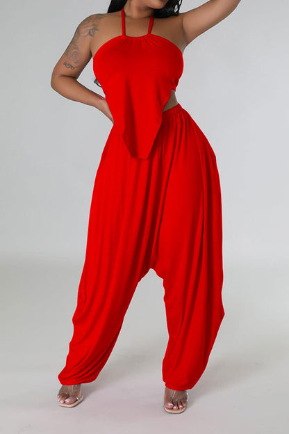 storexq Solid Color Hippy Lace-Up Harem Pant Suit