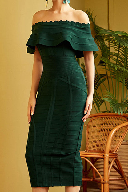 storexq Solid Color Feminine Off Shoulder Midi Dress