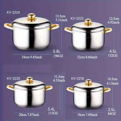 1pc Soup Pot,, High Quality Thickened Stainless Steel Soup Pot, 5-layer Bottom Double-eared Soup Pot, Stew Pot, Sauce Pot, Dessert Pot, Steel Cover, Mirror Polish, 0.5mm Pot Body, 1.57inch Pot Bottom