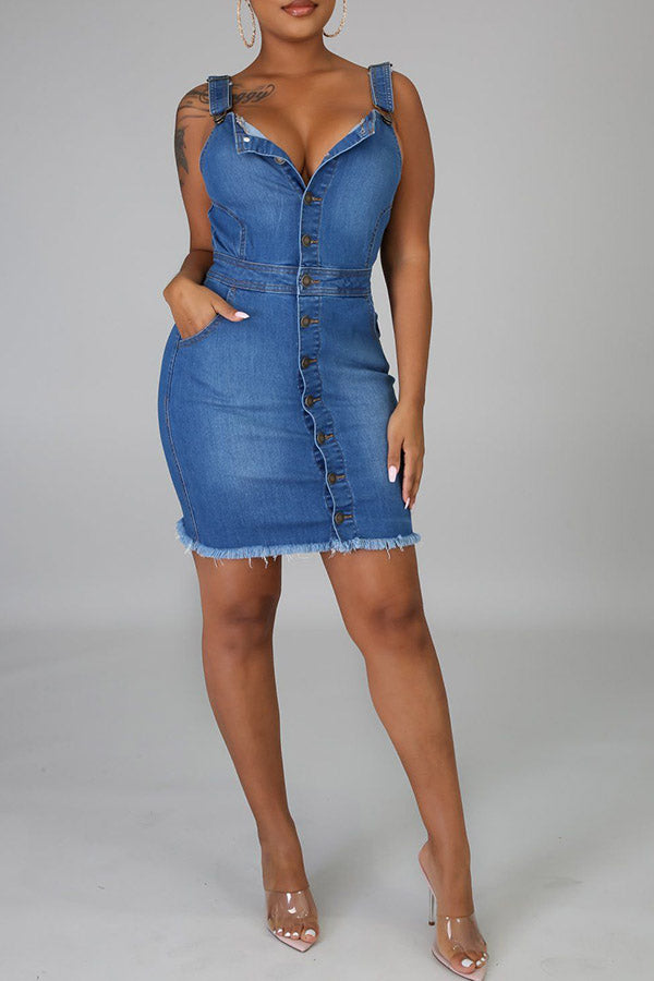 storexq Solid Color Classic Button Down Denim Mini Dress