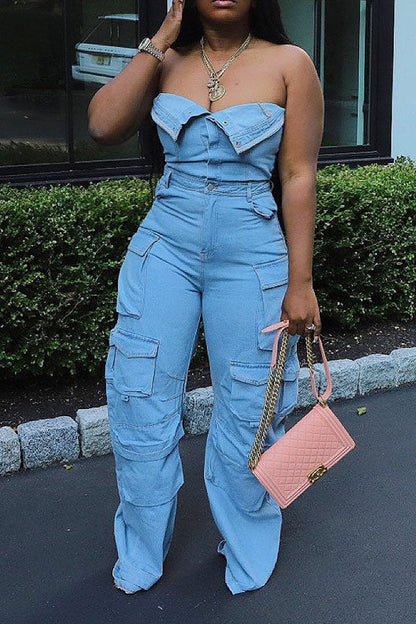 storexq Solid Color Hippy Multi Pocket Denim Jumpsuit