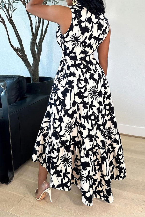 storexq Floral Print Feminine Belted High Low Midi Dress