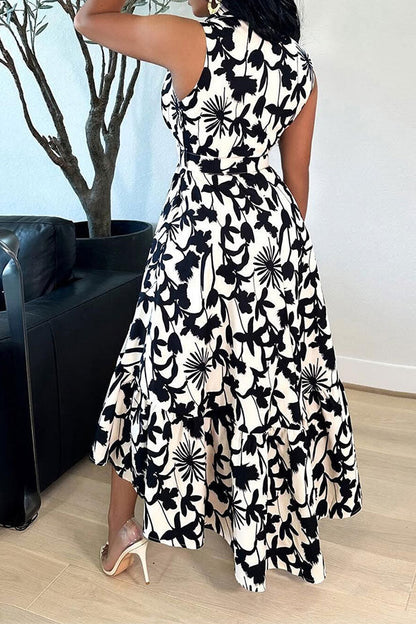 storexq Floral Print Feminine Belted High Low Midi Dress