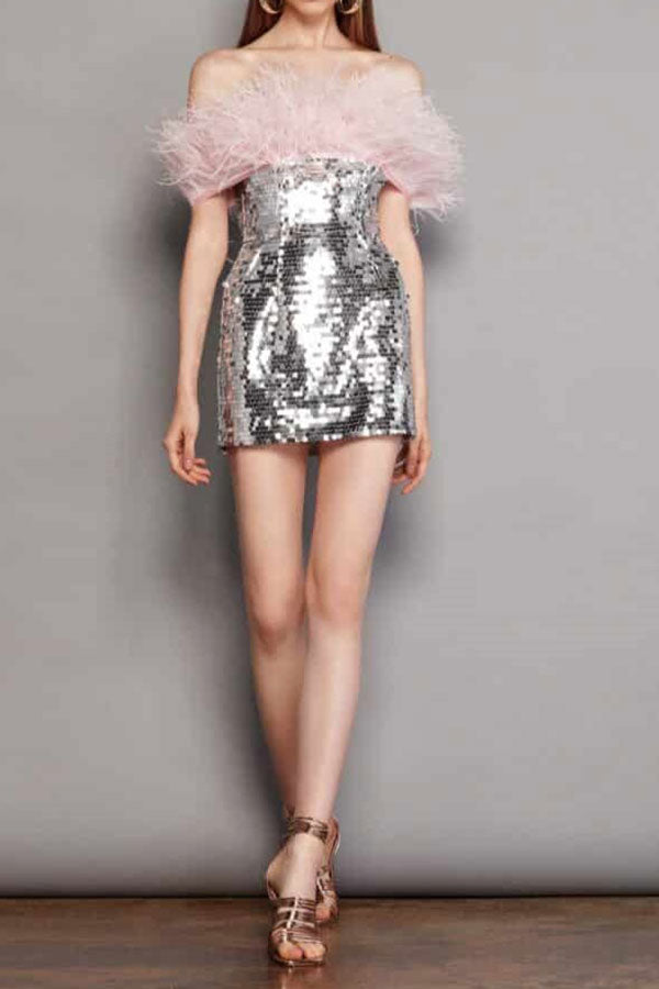 storexq Feather Trim Off Shoulder Pretty Sequined Mini Dress