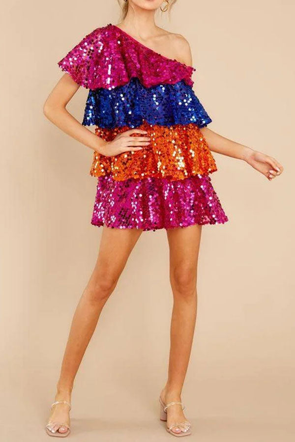 storexq Color Block Sequined Sparkly Tiered Ruffle Midi Dress