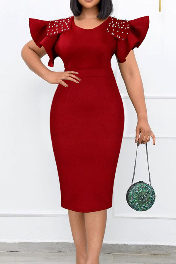 storexq Beaded Decor Elegant Ruffle Sleeve Midi Dress