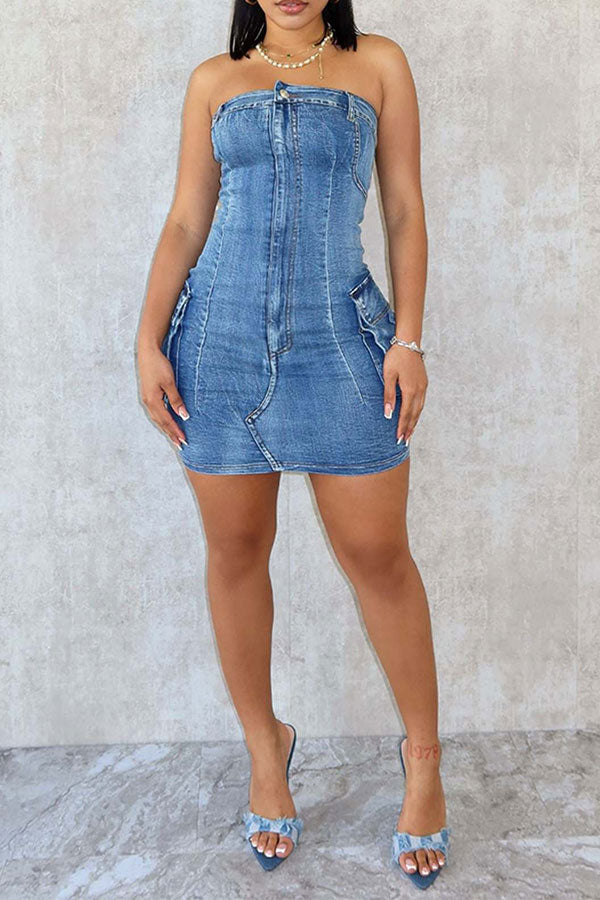 storexq Washed Denim Strapless Classic Patch Pocket Mini Dress