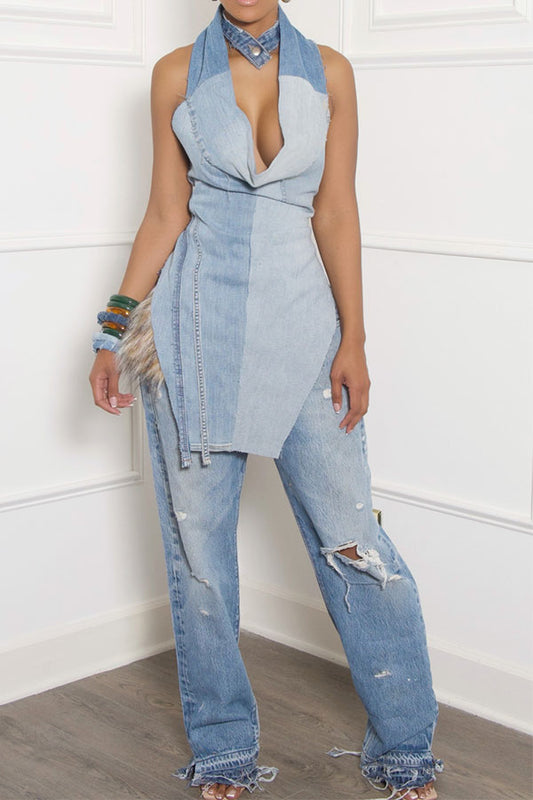 storexq Color Block Denim Chic Halter Backless Irregular Blouse