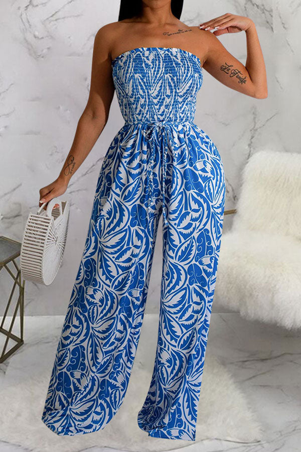 storexq Floral Print Retro Strap Shirred Wide Leg Jumpsuit