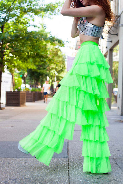 storexq Solid Color Whimsical Mesh Tiered Ruffle Pants