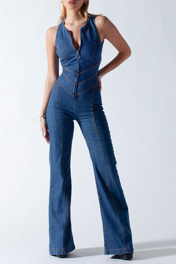 storexq Solid Color Urban Open Back Denim Jumpsuit