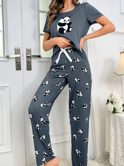 Womens Cute Panda Print Pajama Set - Short Sleeve Round Neck Top & Elastic Pants - Lightweight, Breathable, Perfect for Summer Sleepwear - Cozy, Comfortable Nightwear