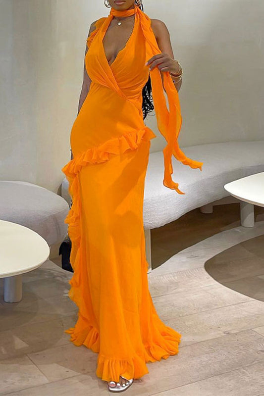 storexq Solid Color Unique Halter Collar Ruffle Maxi Dress