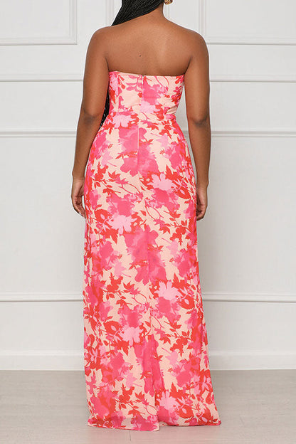 storexq Floral Print Romantic Ruffle High Split Maxi Dress