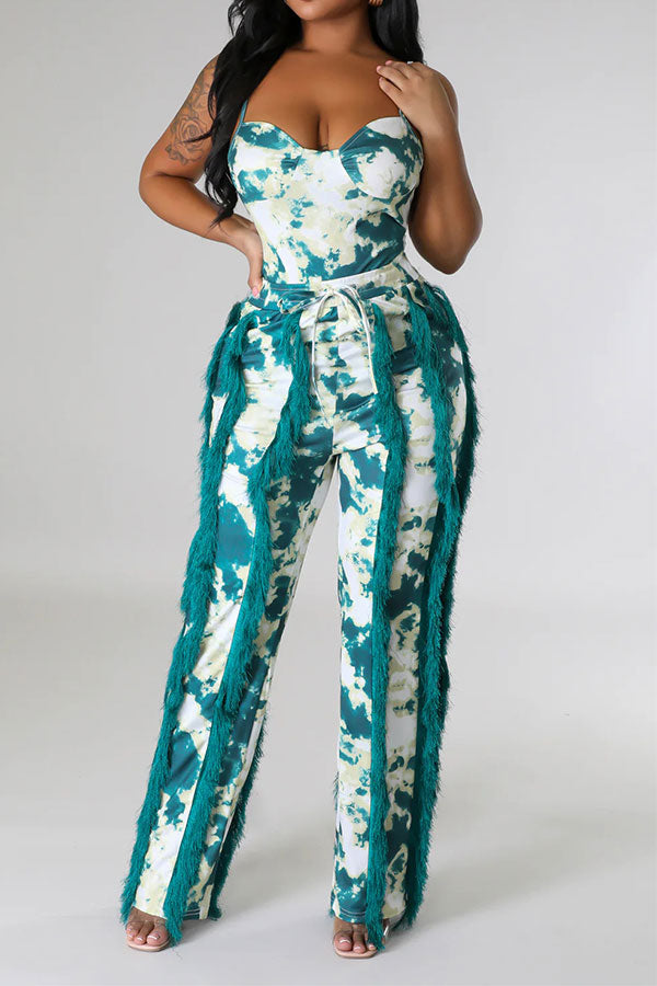 storexq Tie Dye Pretty Tassel Patchwork Pant Suit