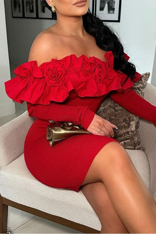 storexq Solid Color Ruffles Off Shoulder Romantic Bodycon Mini Dress