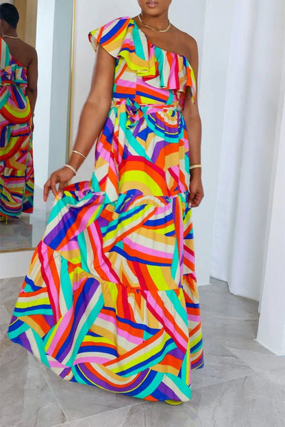 storexq Rainbow Striped Sweet Lace-Up Tiered Ruffle Maxi Dress