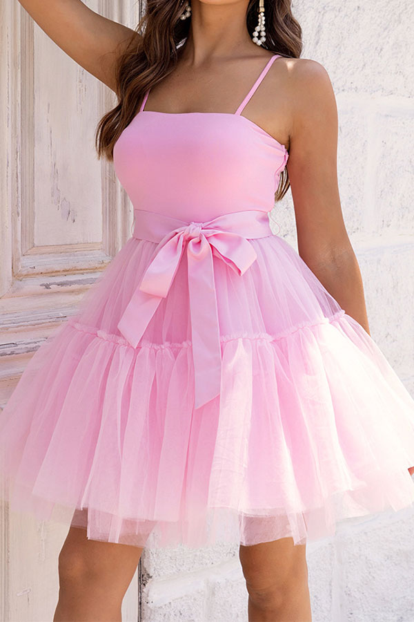 storexq Solid Color Pretty Lace-Up Tulle Bubble Mini Dress