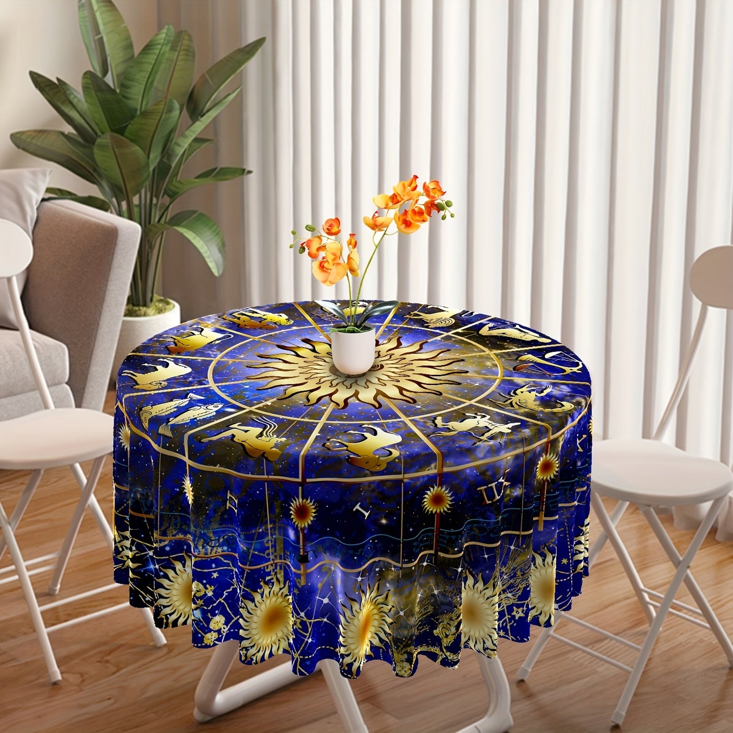 1pc Round Tablecloth 63 Inch, Boho Table Cloth With 12 Zodiac Patterns, Stain Resistant, Absorbent And Wrinkle Free, Circle Table Cover For Home Kitchen Dining Party Patio Indoor And Outdoor Use, Room Decor, Scene Decor