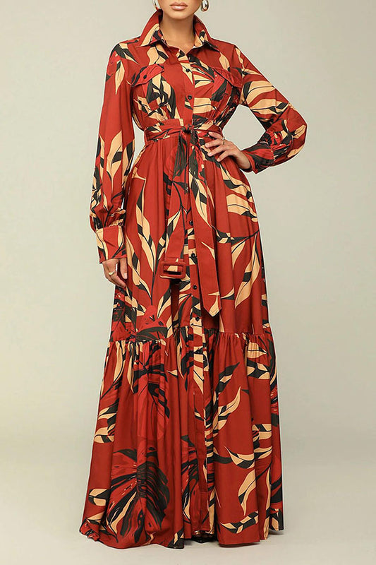 namcoverse Leaf Print Feminine Single Breasted Belted Maxi Dress