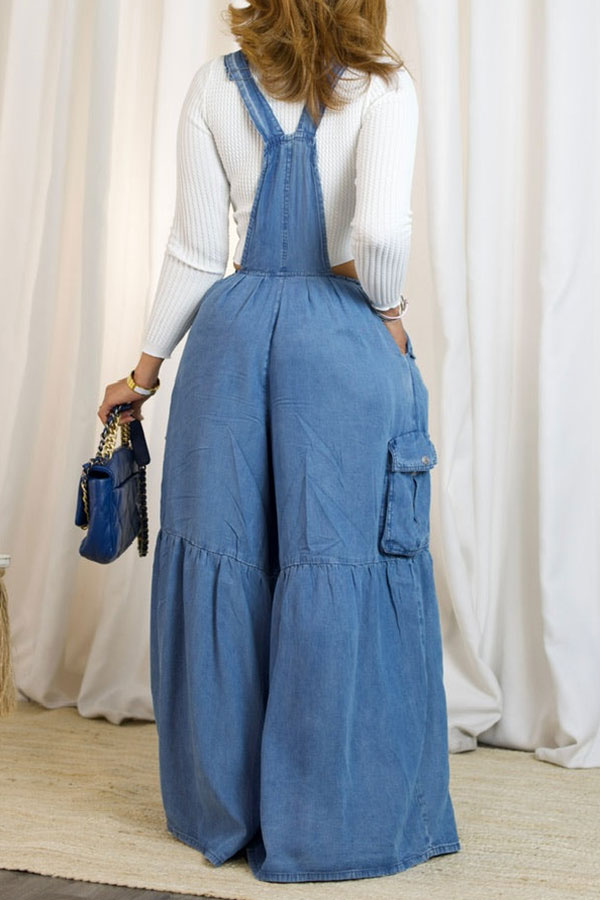 storexq Blue Denim Casual Wide Leg Suspender Jumpsuit