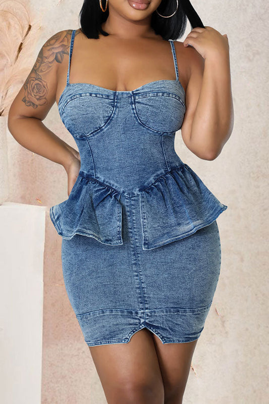 storexq Denim Rocking Ruffle Mini Dress