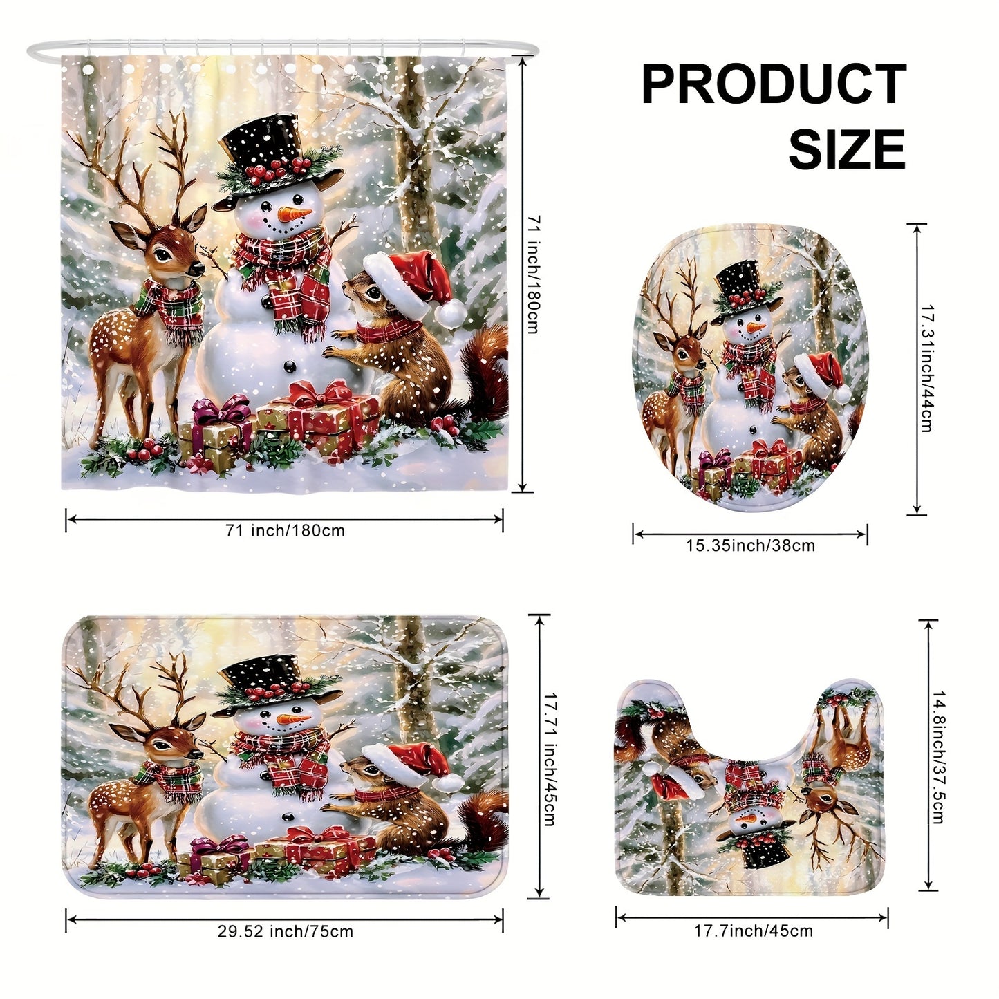 1/4pcs Christmas Winter Wonderland Shower Curtain Set - Waterproof Polyester, Washable, Non-Slip, Animal Print, U-Shaped Toilet Lid Cover, 12 Hooks, No Lining, Polyester Woven - Complete Bathroom Decor for Holiday Season