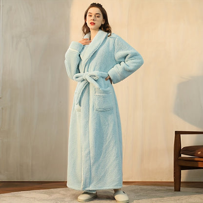 1pc Luxurious Autumn Winter Bathrobe - Plush Unisex Pajamas, Extra Thickened & Warm, Large Size Long Sleeve Robe with Handy Pockets - Ultimate Cozy Home Wear for Indoor Comfort, Essential Bathroom Supplies