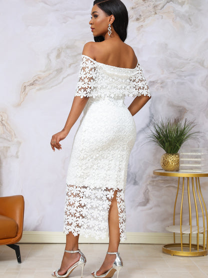 Stunning Floral Applique Off Shoulder Bodycon Midi Dress - Elegant Split Back Lace Design, Party-Perfect Women's Clothing with Flattering Silhouette and Chic Style