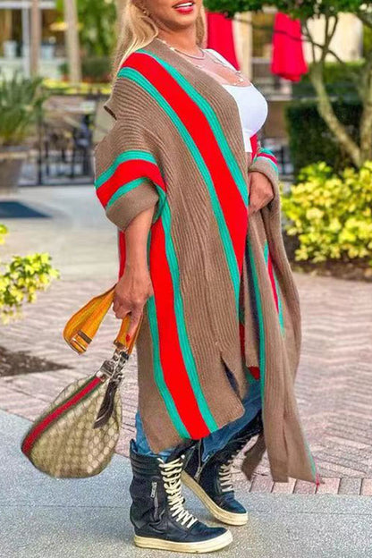 namcoverse Colorful Striped Feminine Cold Shoulder Cardigan