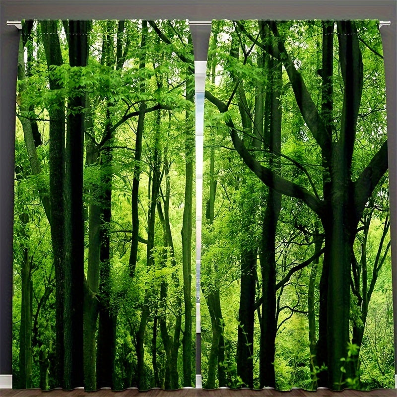 2pcs Forest Curtains Green Trees Jungle Branches Nature Scenery Decor Bedroom Living Room Rod Pocket Window Treatment For Living Room Home Decor