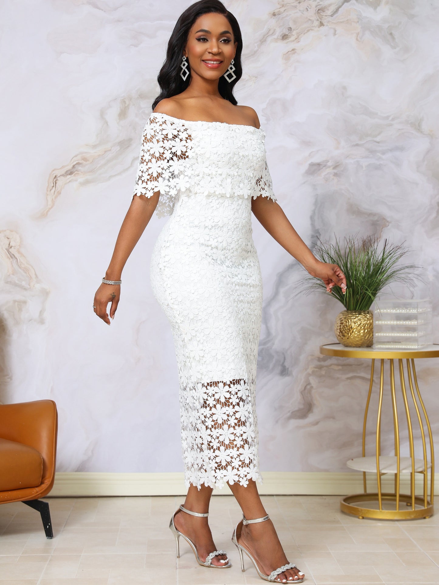 Stunning Floral Applique Off Shoulder Bodycon Midi Dress - Elegant Split Back Lace Design, Party-Perfect Women's Clothing with Flattering Silhouette and Chic Style