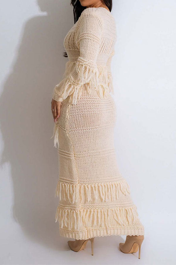 storexq Tassel Patchwork Elegant Single Breasted Knitted Midi Dress