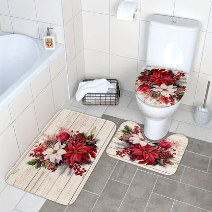 3pcs/set Christmas Flower Pine Cones Printed Floor Mat, Three-piece Bathroom Mat Set, Non-slip Mat, Water-absorbent Mat, Toilet Lid Mat, Toilet U-shaped Mat, Floor Rugs christmas decorations